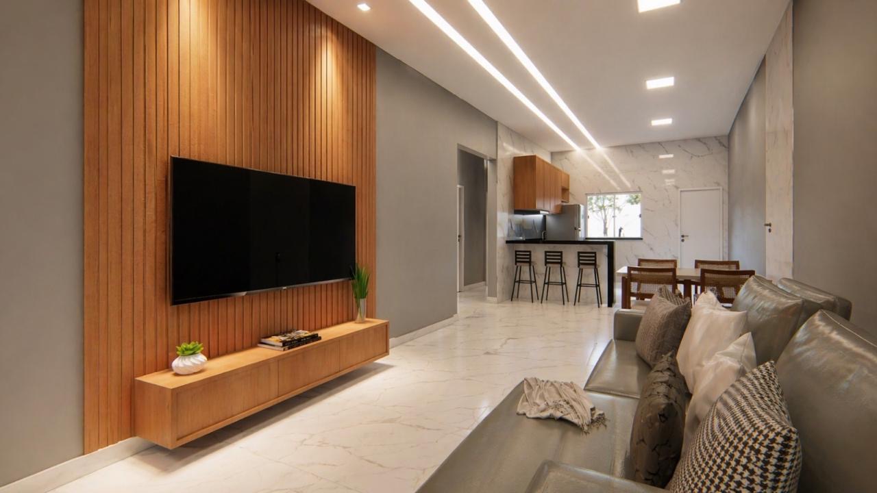 Projeto 3D da sala de estar integrada da residência Cidade Nova